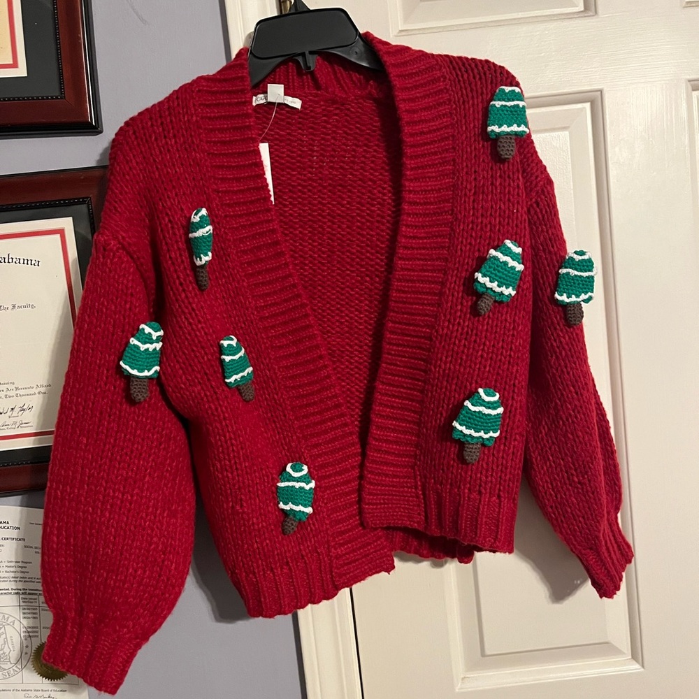 Red Sweater with Green Tree Accents